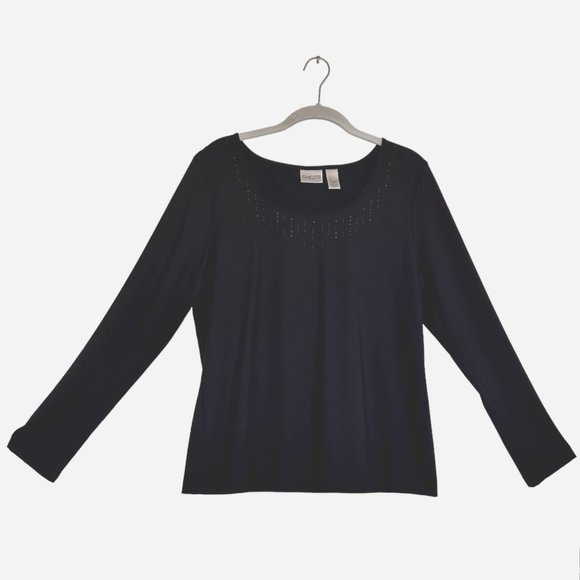Chico's Women's Long Sleeve Beaded Neck Top in Black - Size 2 (Large) - Picture 1 of 6